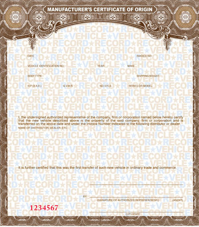 Duplicate Yacht Club/Sport Haven/Shore Haven Manufacturer's Statement of Origin (MSO)- Trailer